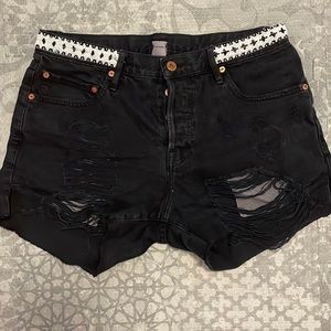 NSF Black Distressed Jean Shorts with Black and White Beading Sz 26